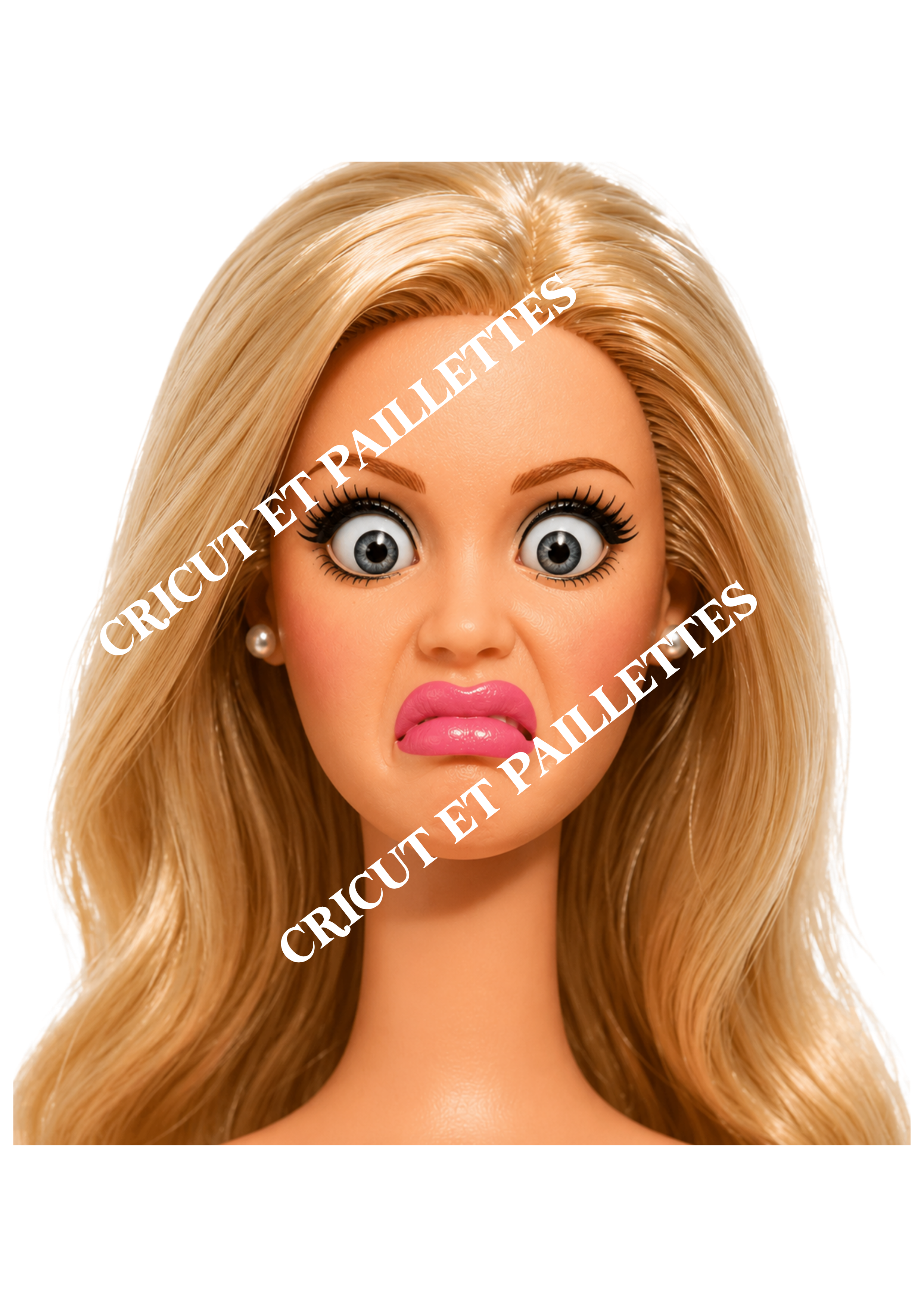 PNG Barbie humour – illustration poupée blonde yeux écarquillés pour personnalisation Cricut Canva