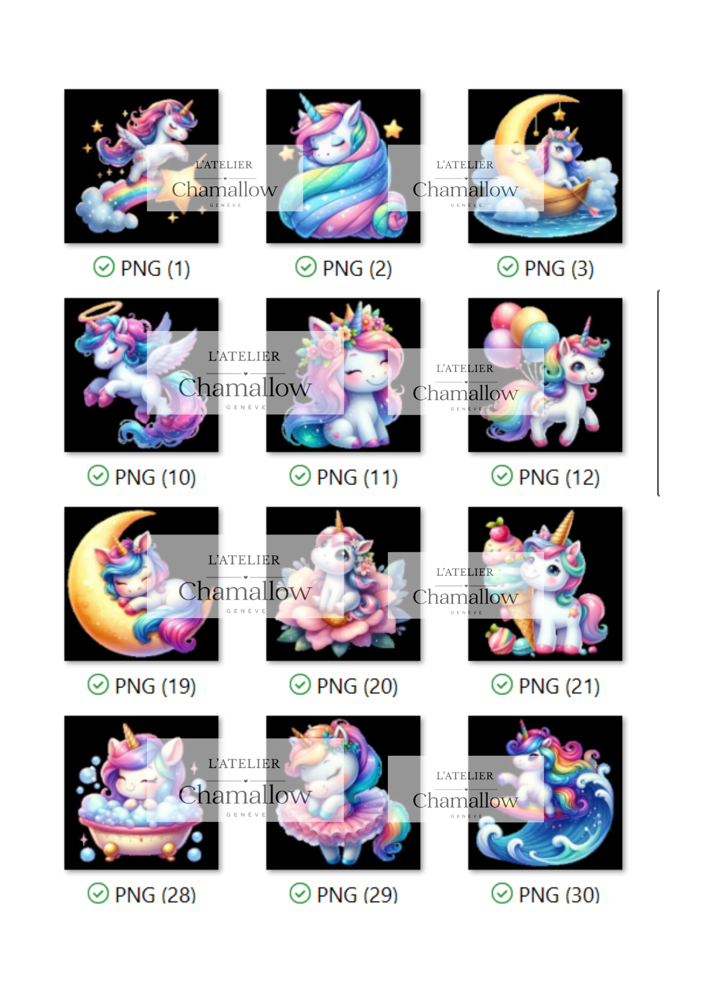 Illustration licorne arc-en-ciel – design L'Atelier Chamallow pastel stickers