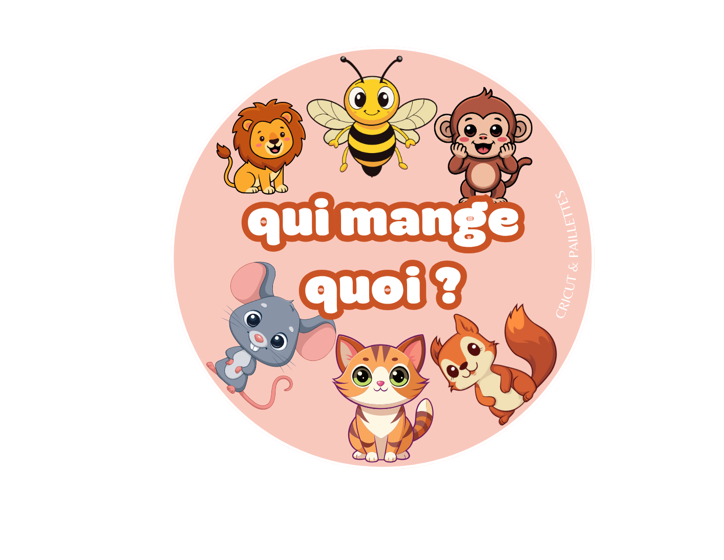 Jeu éducatif "Qui mange quoi ?" – stickers animaux kawaii lion, abeille, singe, souris, chat et écureuil