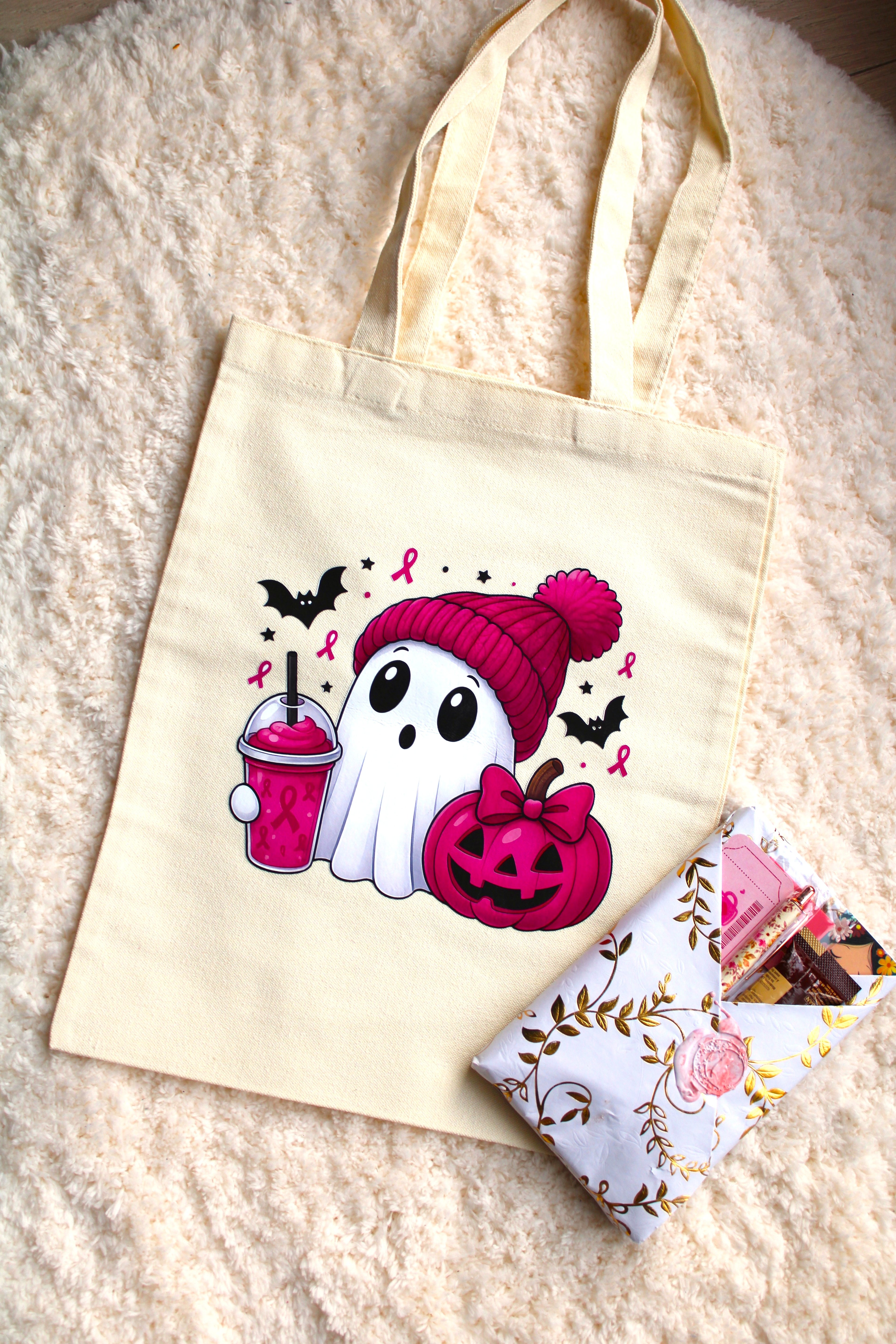 Totebag Pink Boo 100% coton fait main - Sac Halloween kawaii Genève
