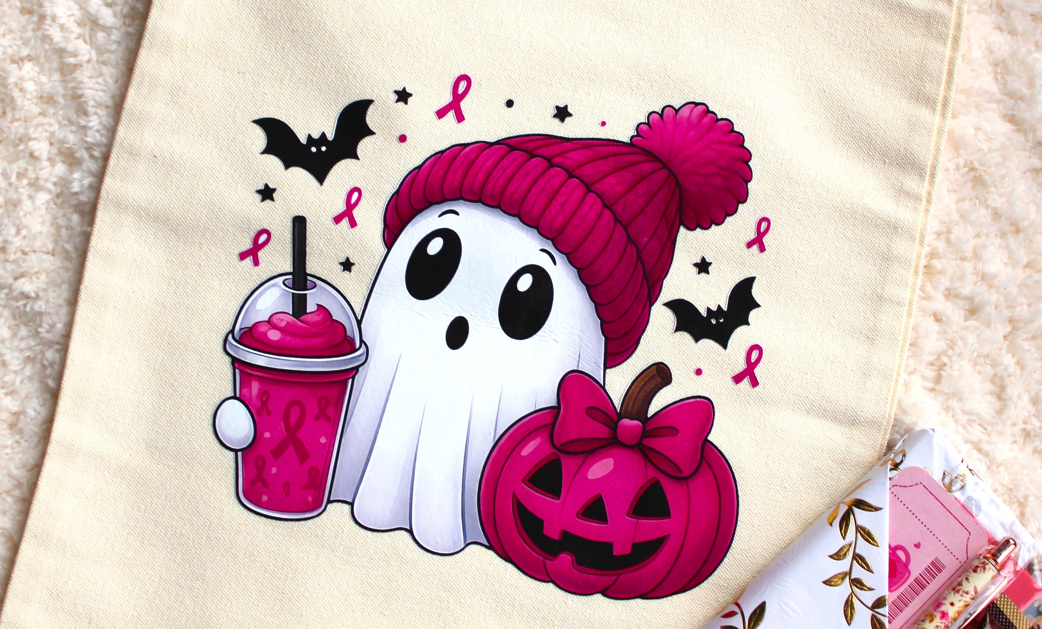 Totebag Pink Boo - Sac coton fantôme rose Halloween lecteur Suisse
