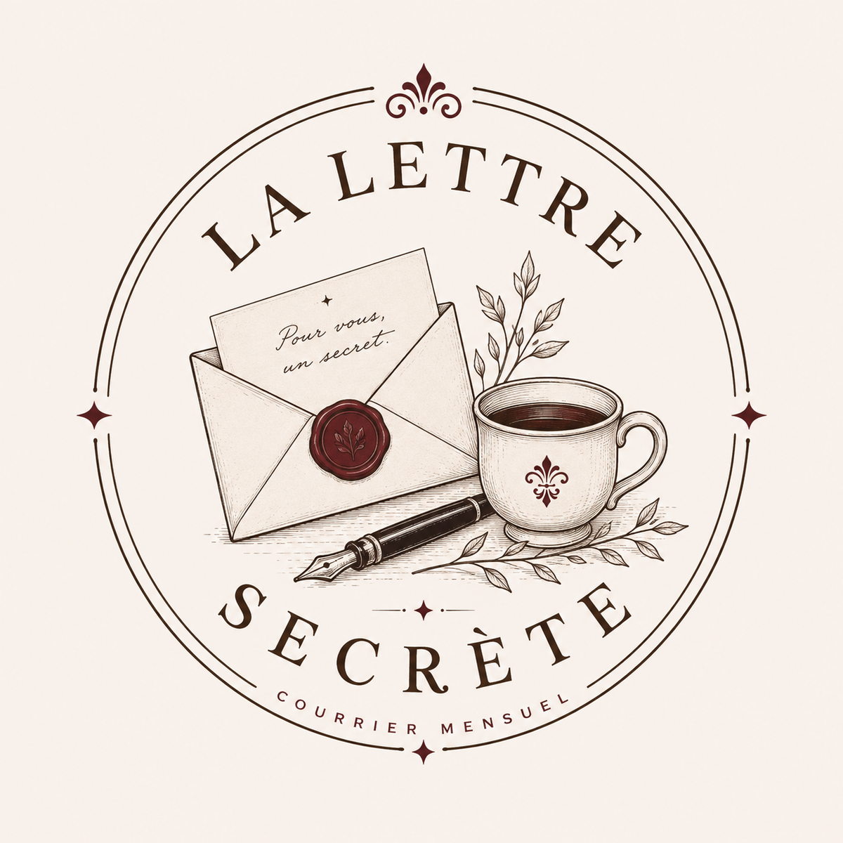 Logo La Lettre Secrète – courrier mensuel avec une enveloppe cachetée à la cire, une plume et une tasse de café, style illustration vintage