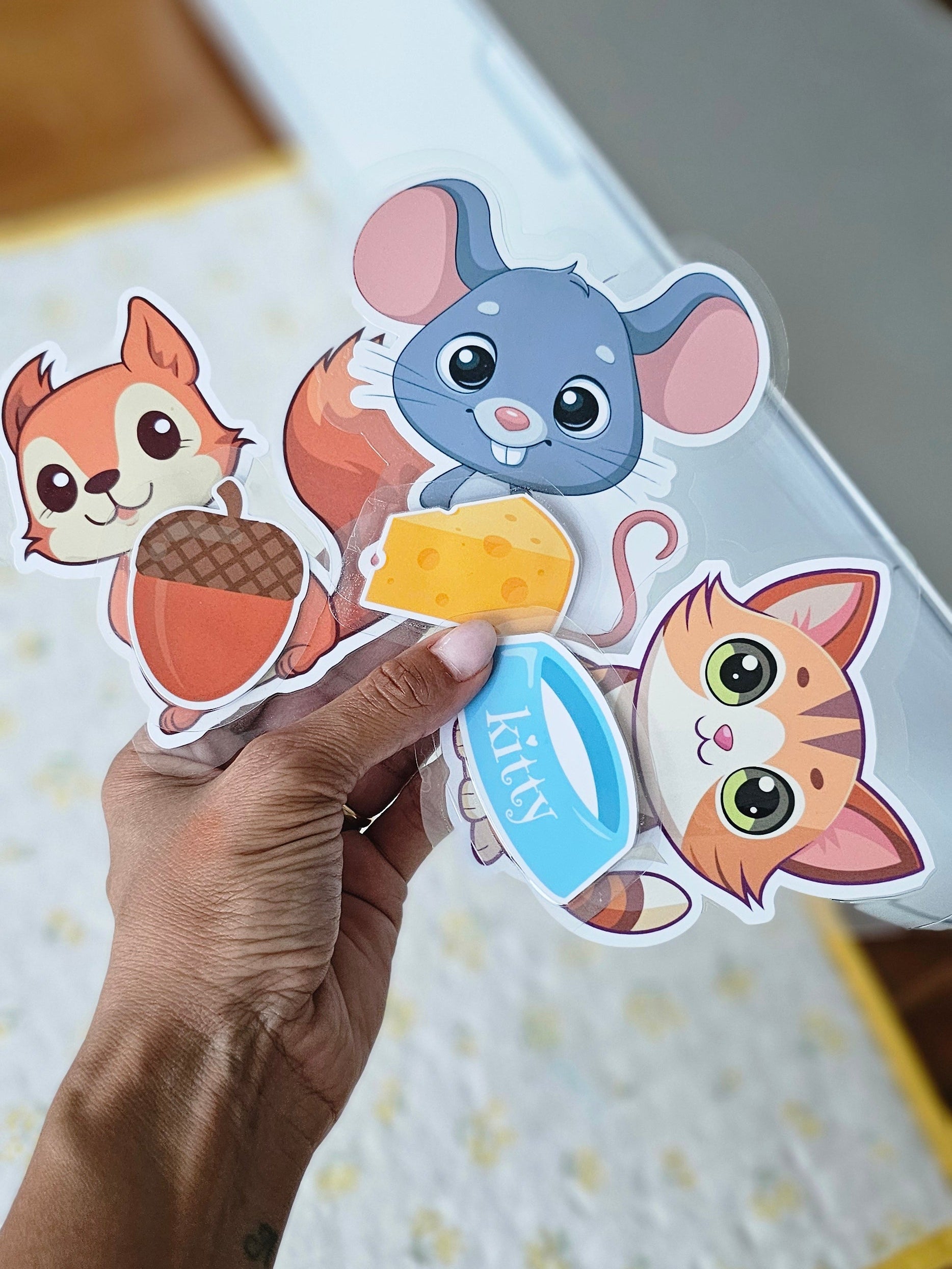 Stickers kawaii animaux découpés à la main – écureuil, souris et chat, jeu éducatif enfant