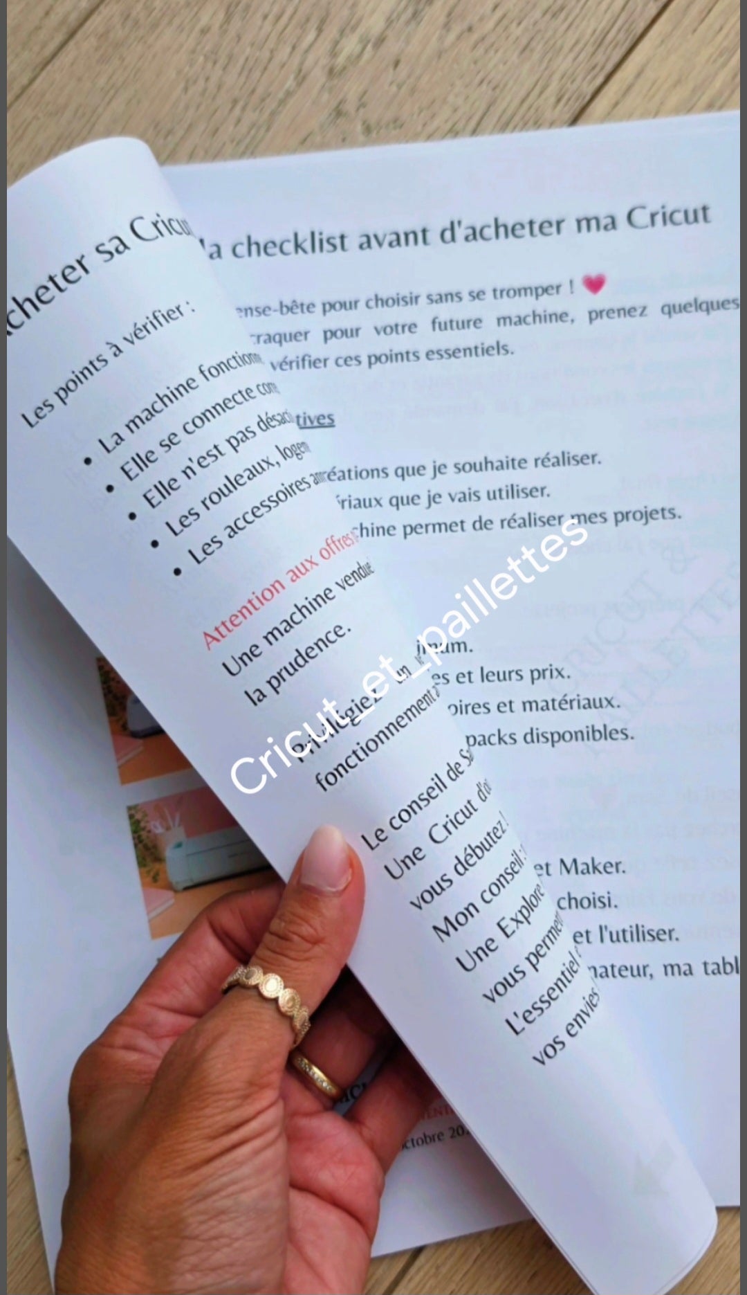 Page du guide présentant la checklist avant d’acheter sa Cricut, avec les critères de projets, de matériaux et de budget. 