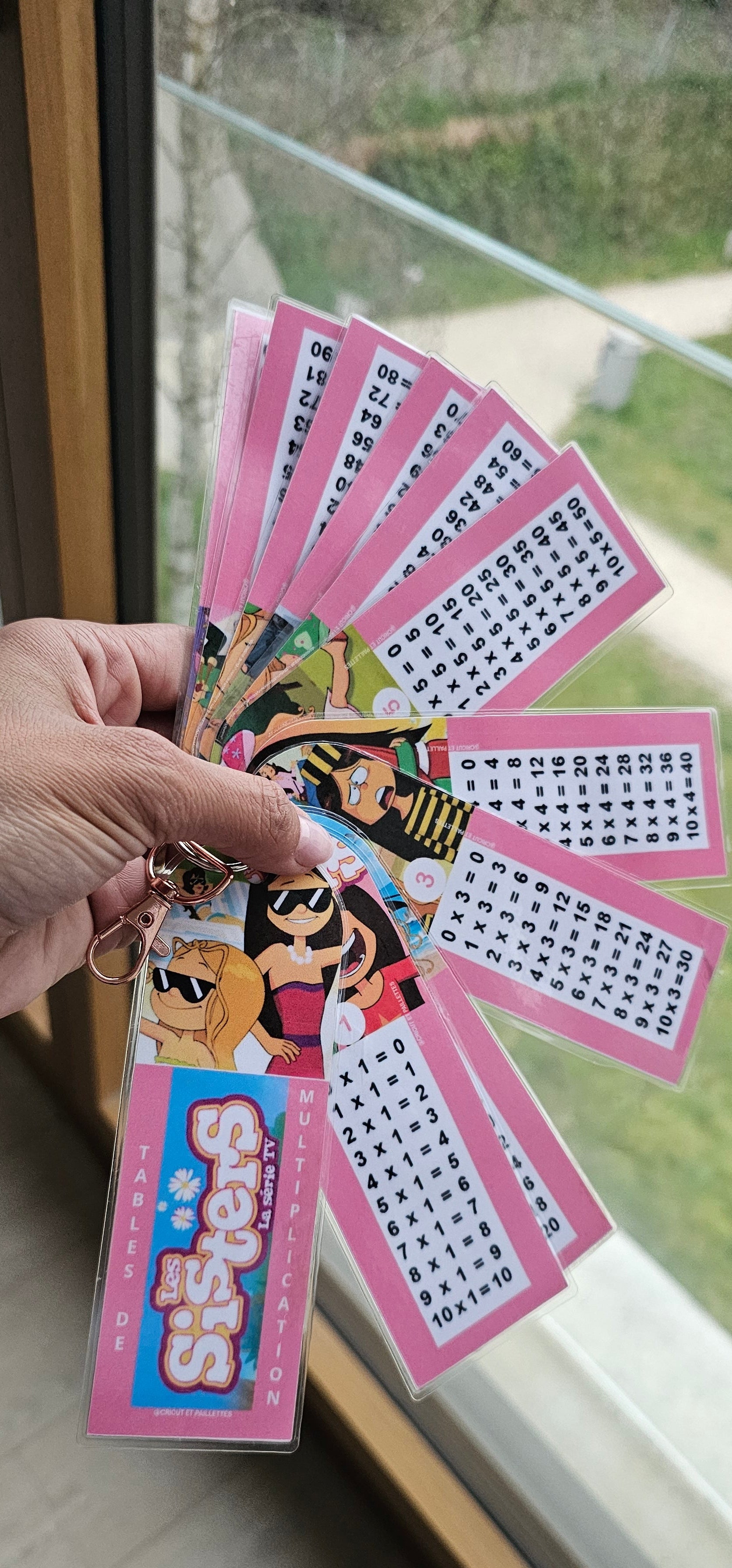 Feuille table de multiplication Les Sisters posée sur un bureau d'écolier