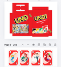 Modèle Canva de jeu UNO personnalisé à imprimer, avec boîte rouge à assembler et cartes illustrées de personnages Disney.