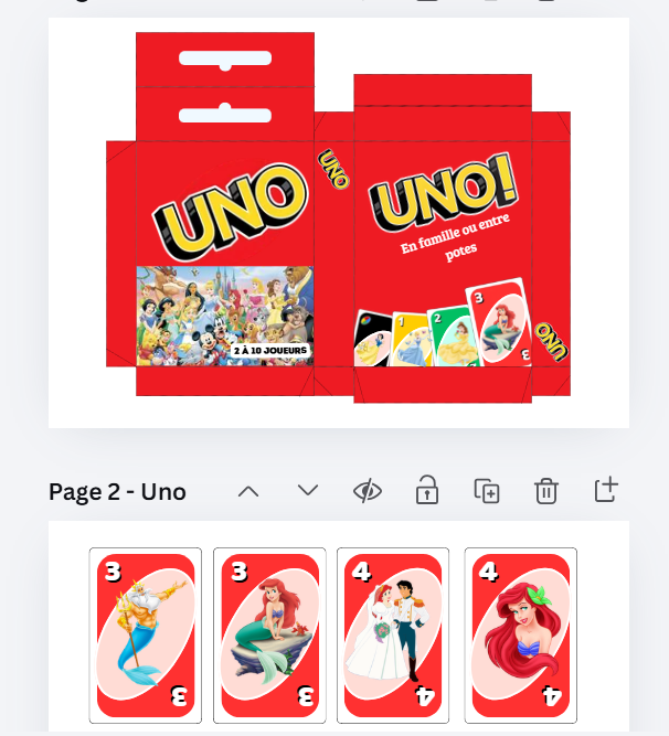 Modèle Canva de jeu UNO personnalisé à imprimer, avec boîte rouge à assembler et cartes illustrées de personnages Disney.